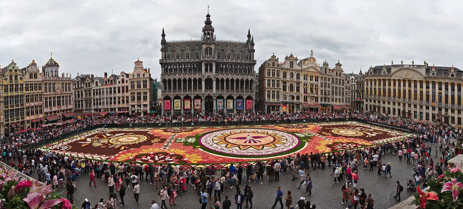 Grand Place in Brussels seen from above during the flower carpet