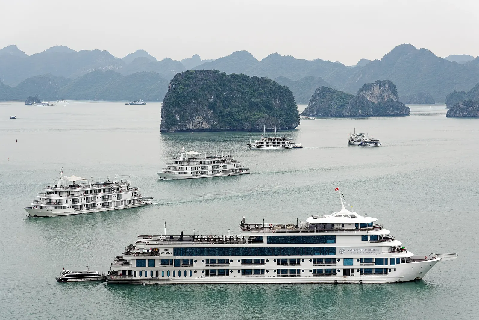 Limestone karsts and boats in Ha Long Bay, Vietnam