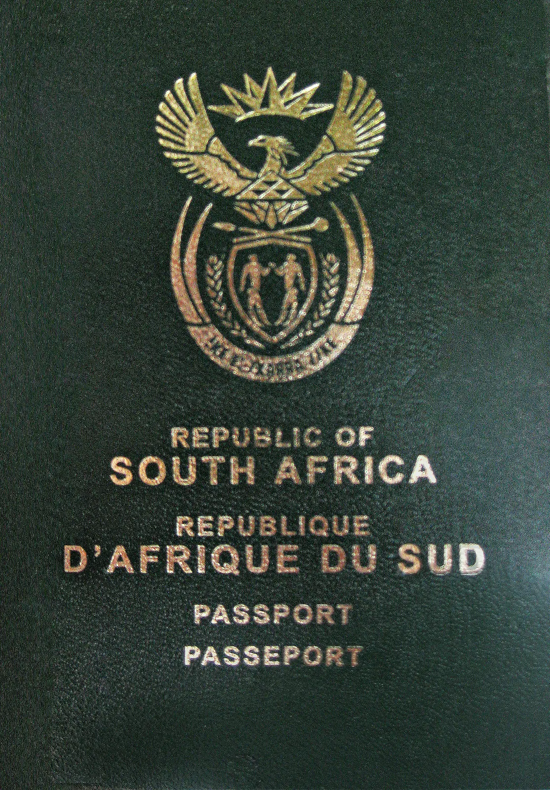 Green South African passport cover with the coat of arms