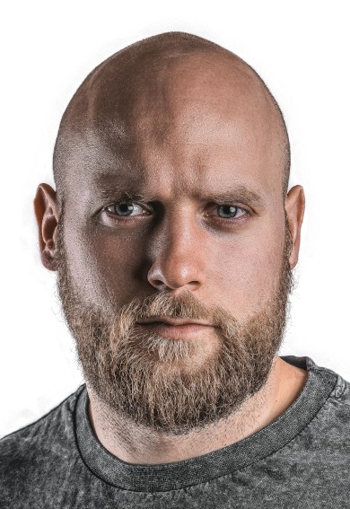 Chinese passport file our tool made, 33 x 48 mm: bald, bearded man in a grey crew-neck top on a white background