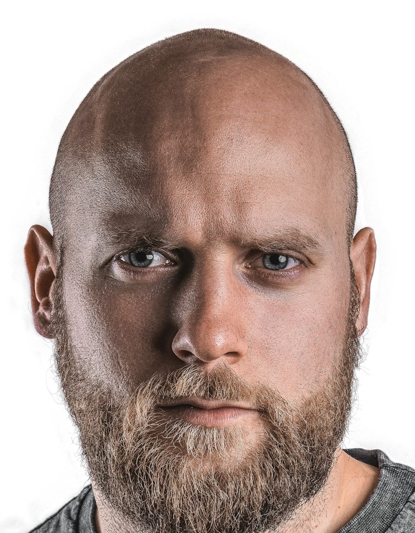 Indian passport file our tool made, 35 x 45 mm: bald, bearded man in a grey crew-neck top on a white background