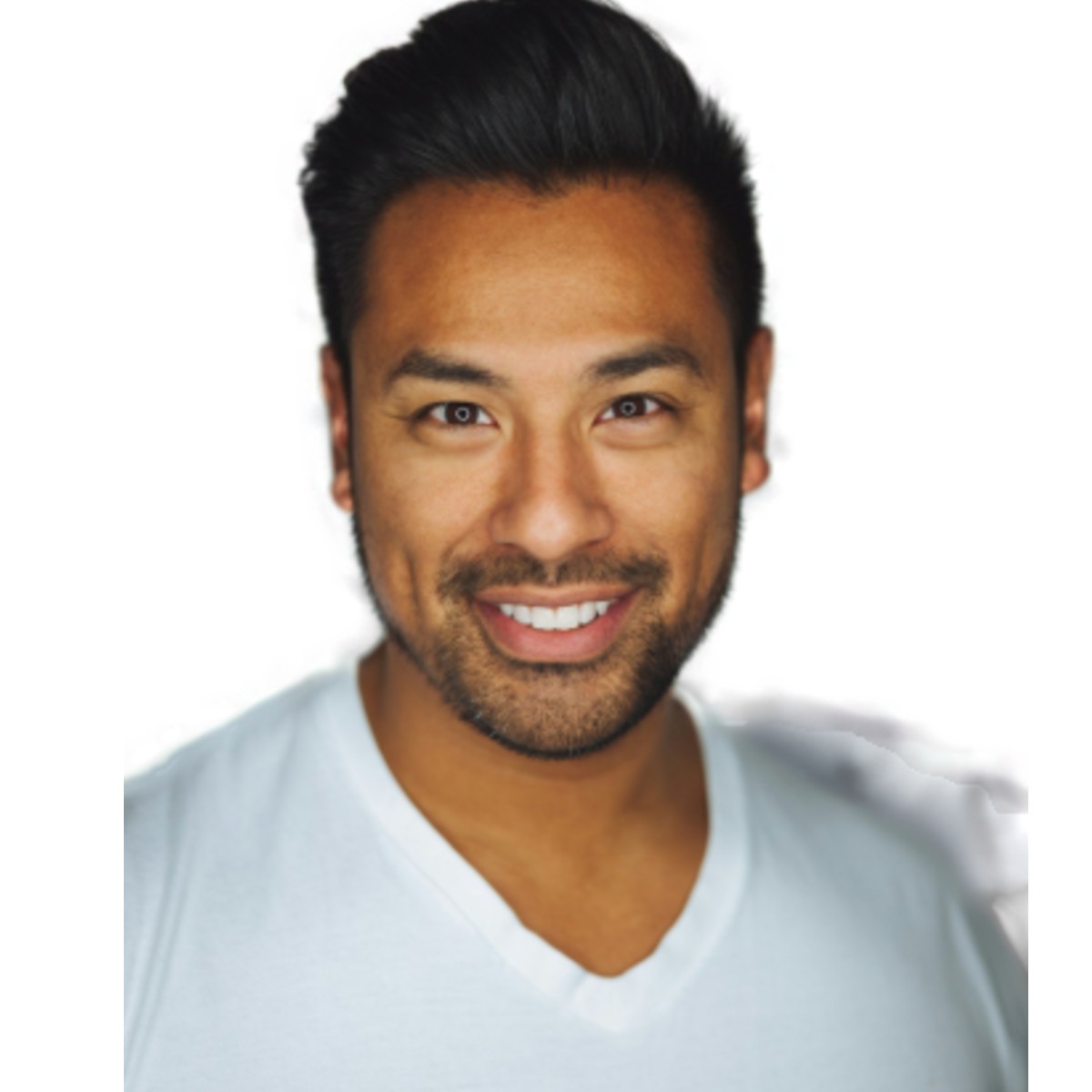 Our crop of the smiling man in a white v-neck for a US visa upload, held back because his teeth show in the smile