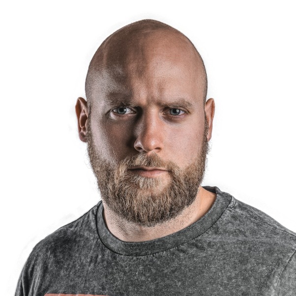 US passport file our tool made: bald, bearded man in a grey crew-neck top on a white background, 602 x 602 px