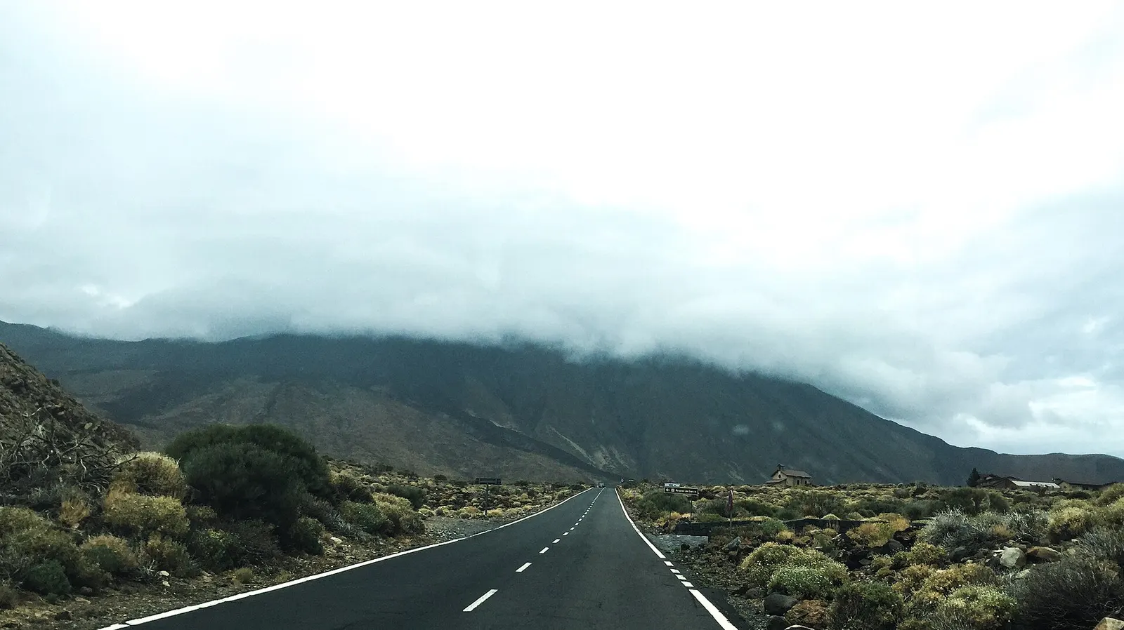 Empty road running into low fog on a mountain plateau