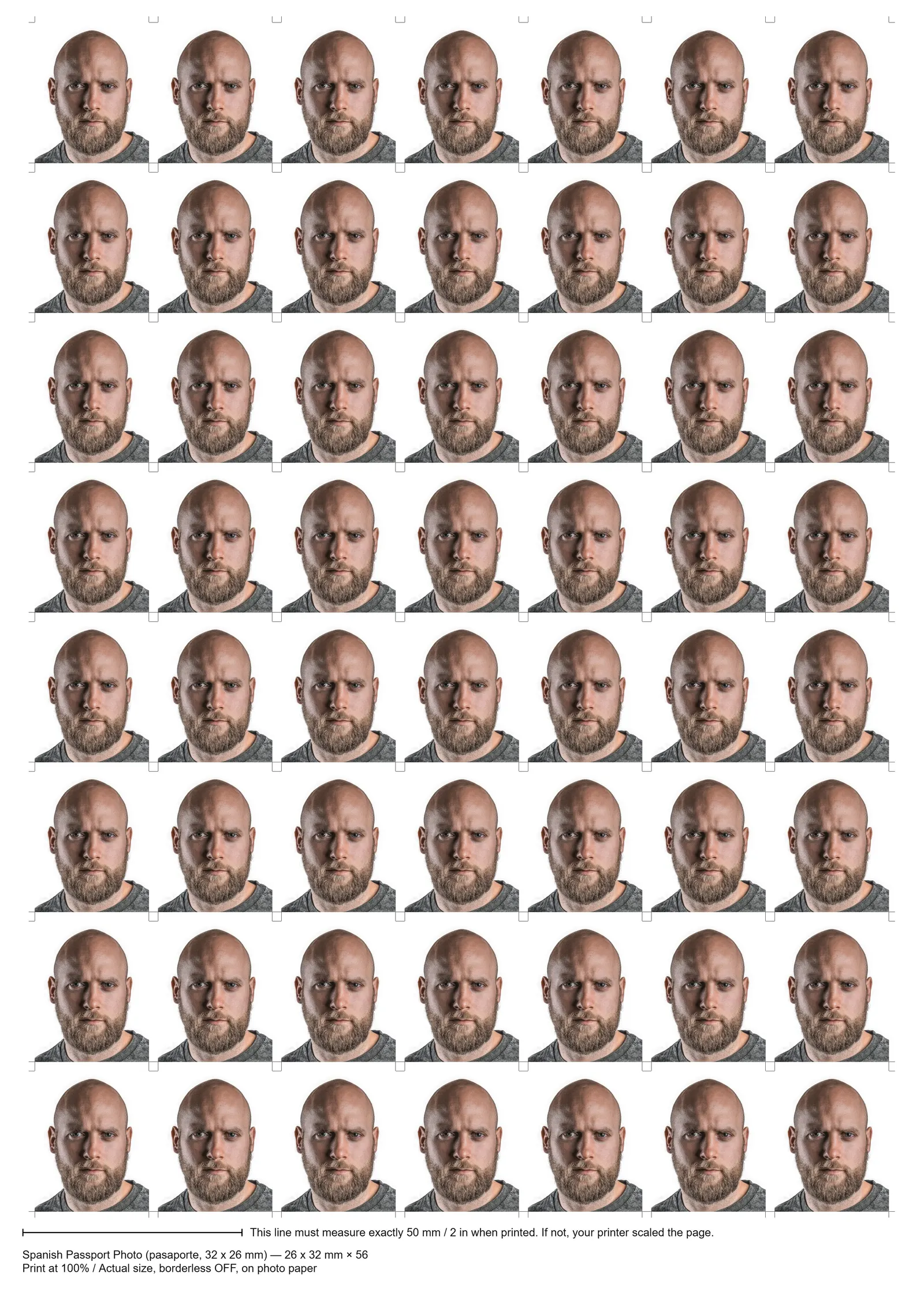 Print sheet our tool made: 26 x 32 mm prints of a demo portrait tiled with cut marks and a 50 mm ruler