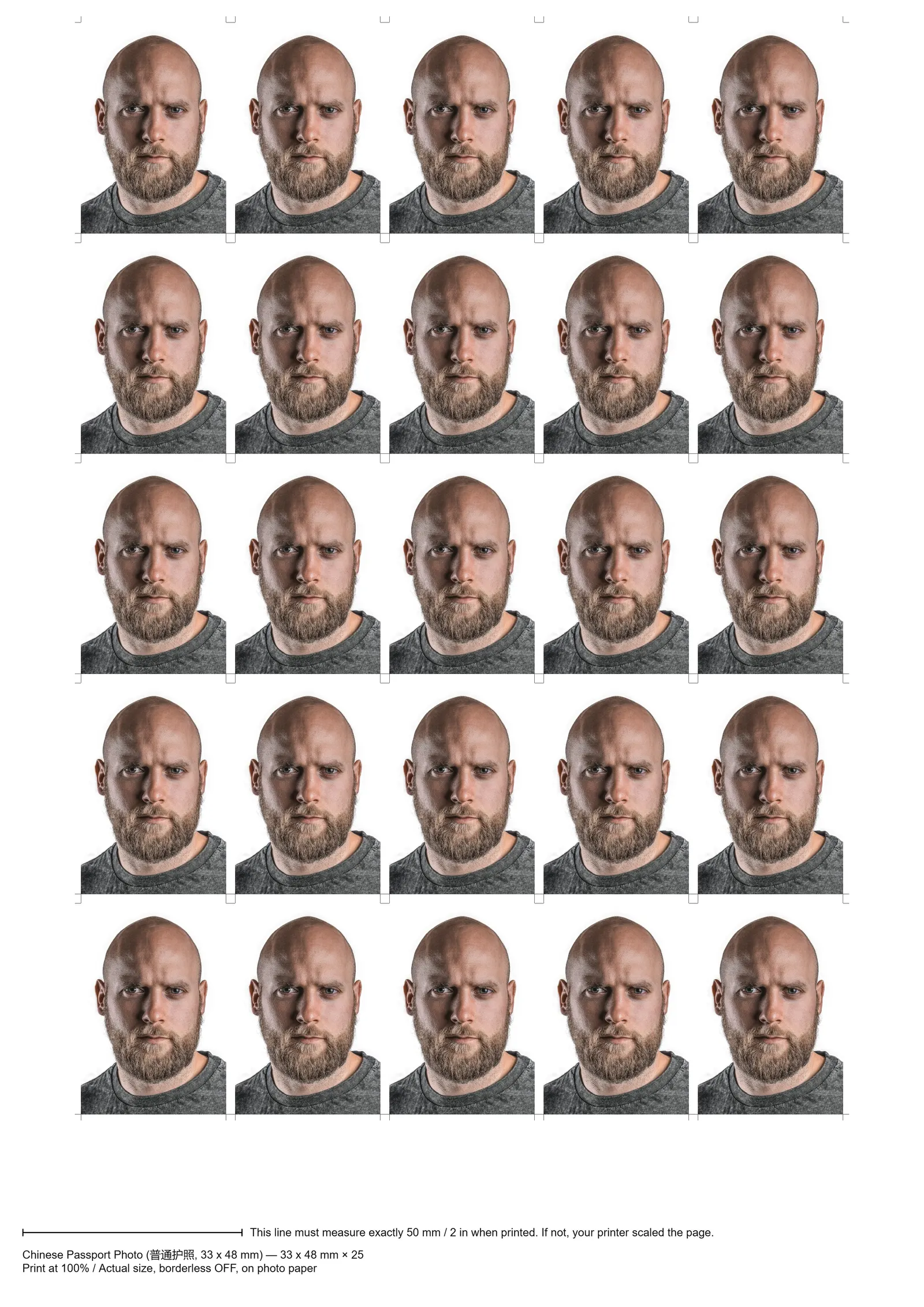 Print sheet our tool made: 33 x 48 mm prints of a demo portrait tiled with cut marks and a 50 mm ruler