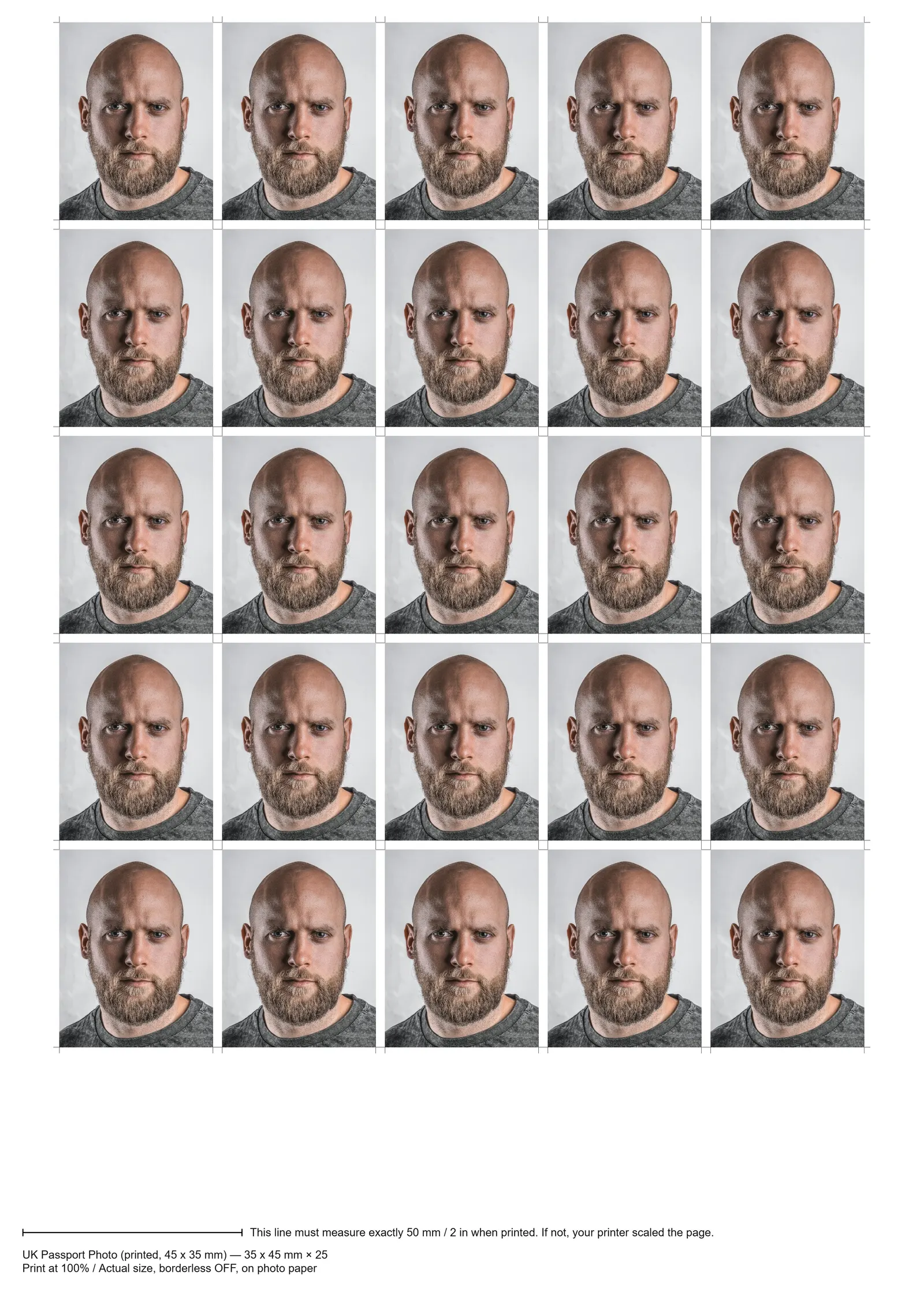Print sheet our tool made: 35 x 45 mm prints of a demo portrait tiled with cut marks and a 50 mm ruler