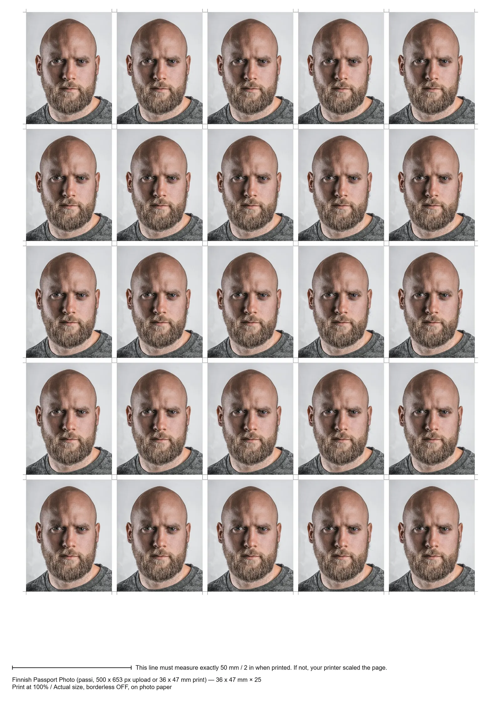 Print sheet our tool made: 36 x 47 mm prints of a demo portrait tiled with cut marks and a 50 mm ruler