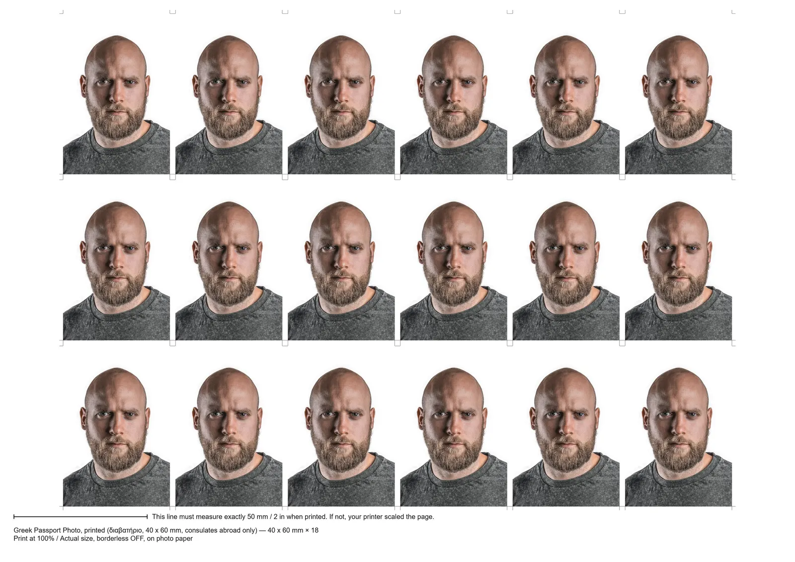 Print sheet our tool made: 40 x 60 mm prints of a demo portrait tiled with cut marks and a 50 mm ruler