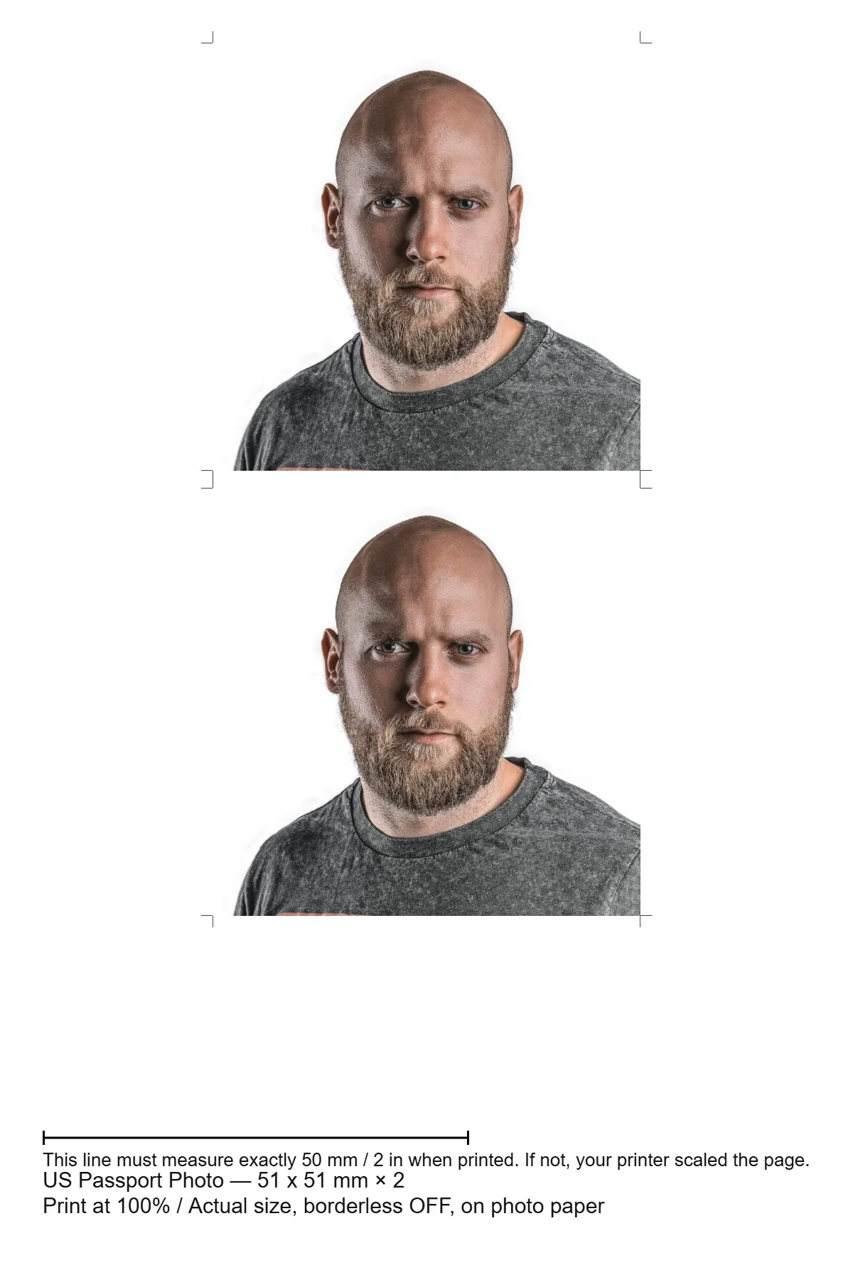 Print sheet our tool made: 51 x 51 mm (2 x 2 in) prints of a demo portrait tiled with cut marks and a 50 mm ruler