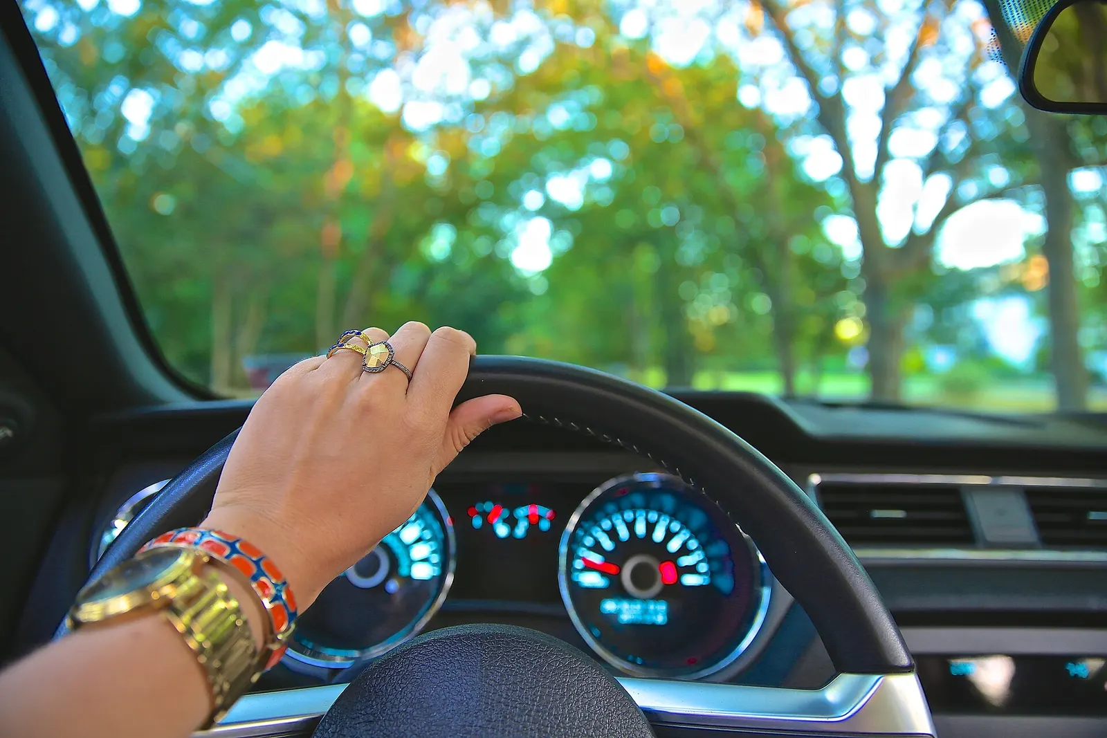 Hand on a steering wheel with trees through the windscreen