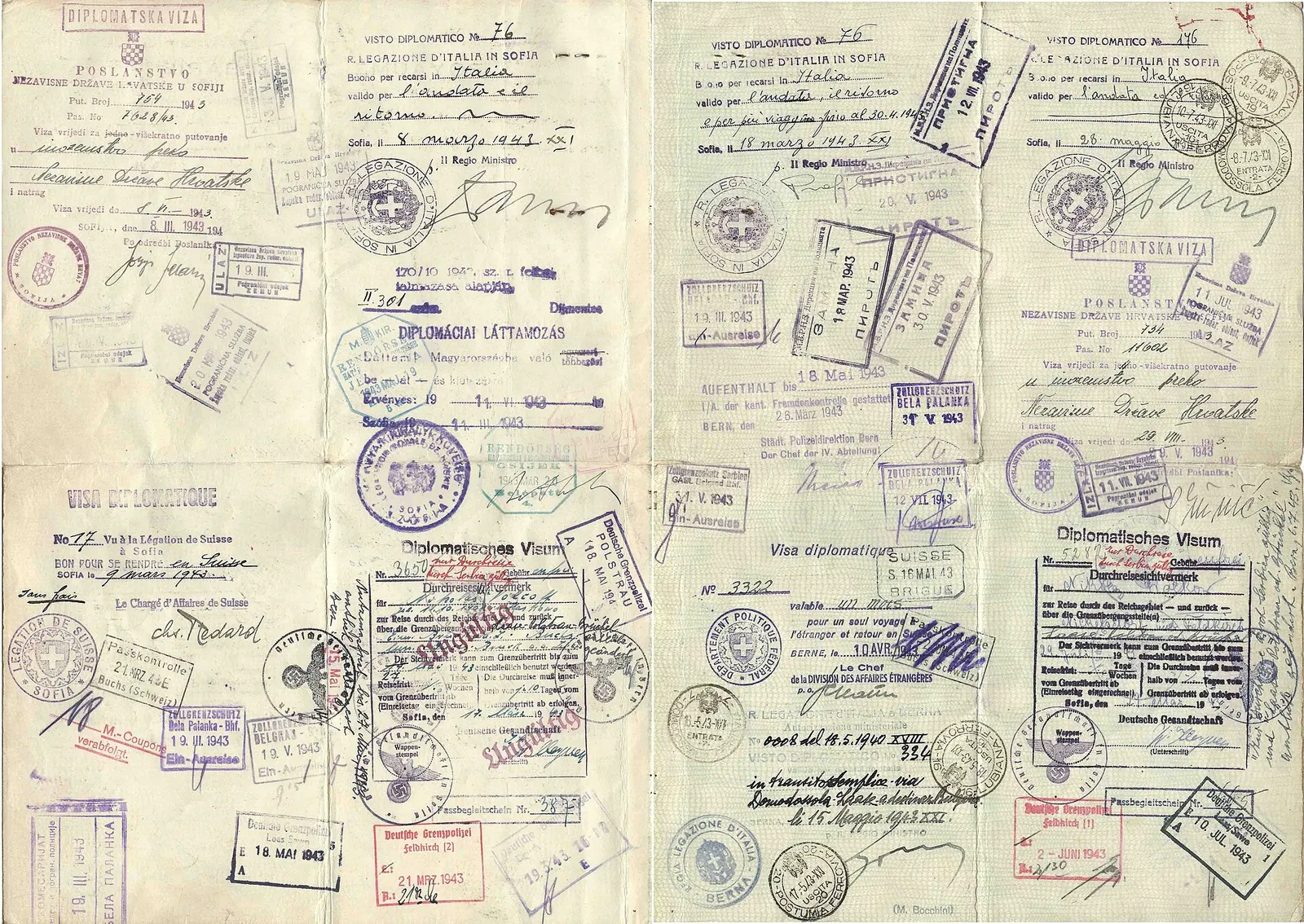 Pages of a 1943 diplomatic passport covered in border stamps